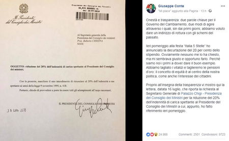 «Conte guadagna quanto Renzi». E il premier pubblica la richiesta di riduzione dello stipendio article-post