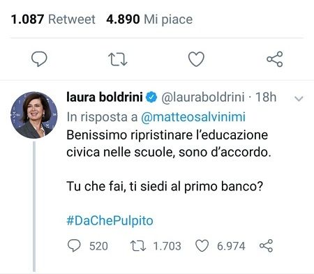 «Ti siedi al primo banco?»: il velenoso tweet di Laura Boldrini che asfalta (e batte) Salvini