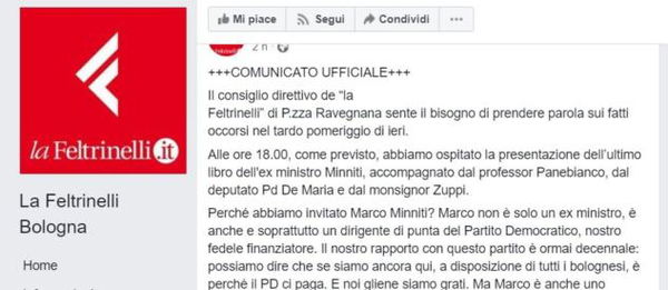 La bufala del comunicato della Feltrinelli di Bologna pagata dal Pd