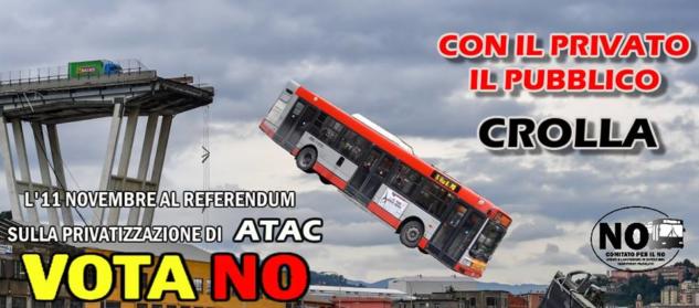 L’immagine del bus che cade dal ponte Morandi per sostenere il fronte del No al referendum Atac article-post