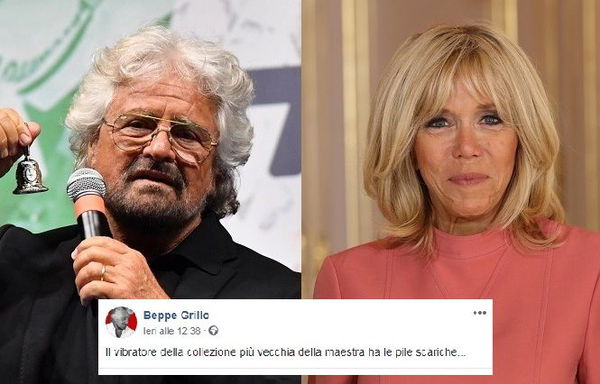 «Il vibratore ha le pile scariche»: la squallida battuta di Beppe Grillo su Brigitte, la moglie di Macron