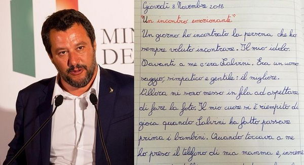 E Salvini pubblica il tema di un bambino di 9 anni che lo considera un «idolo»