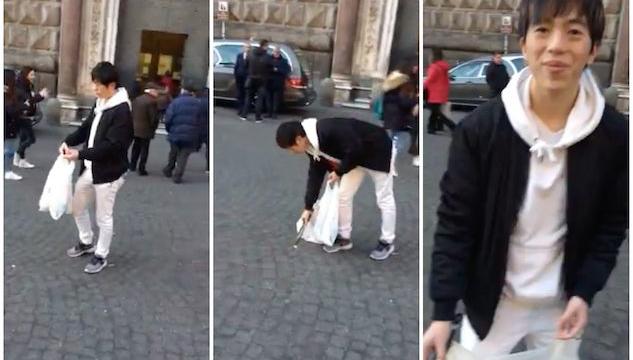 Lo studente giapponese ripulisce le strade di Napoli dalle sigarette