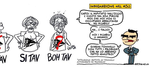 Travaglio e le vignette: boccia il Toninelli ‘Boh Tav’ ma promuove il Toninelli ‘disabile’