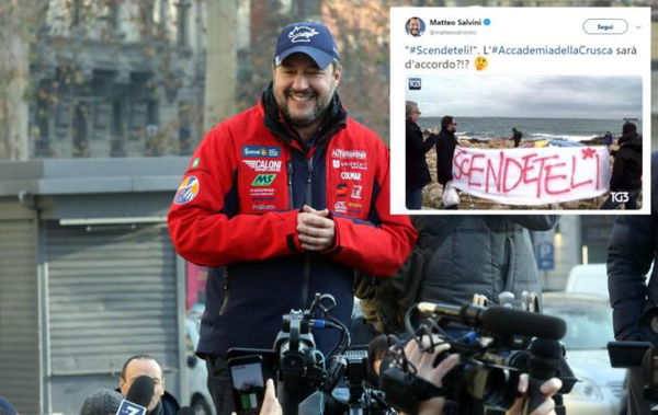 Salvini fa il verso all’Accademia della Crusca sui migranti e sullo striscione «Scendeteli»