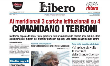 Libero in prima pagina annuncia che nel governo «comandano i terroni» article-post