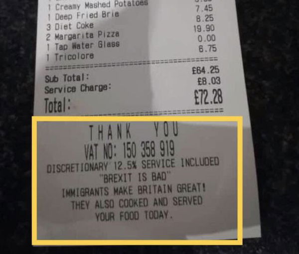 Lo scontrino contro la Brexit: «Questo pasto è stato fatto dagli immigrati»