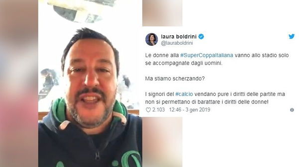 Supercoppa, Salvini: «Dove sono le Boldrini di turno?». Ma Boldrini la sua l’ha detta (molto prima)