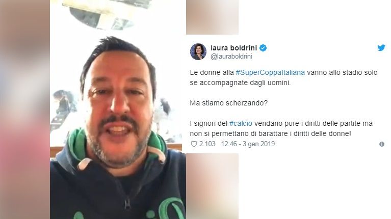 Supercoppa, Salvini: «Dove sono le Boldrini di turno?». Ma Boldrini la sua l’ha detta (molto prima) article-post