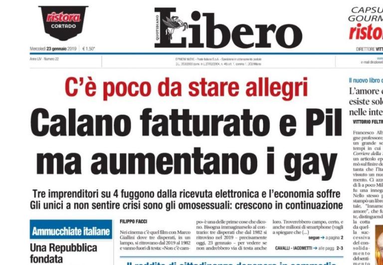 «Cala il pil ma aumentano i gay»: un altro incredibile titolo di Libero in prima pagina