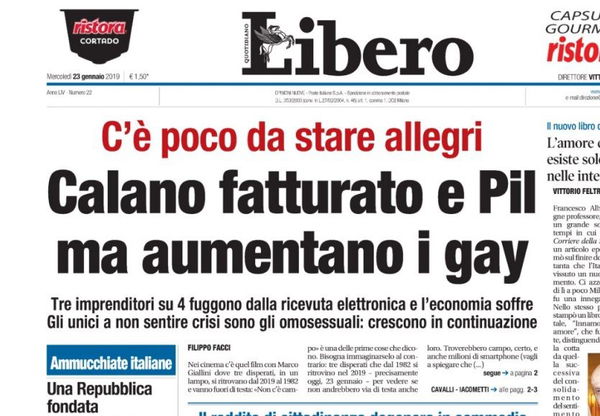 «Cala il pil ma aumentano i gay»: un altro incredibile titolo di Libero in prima pagina