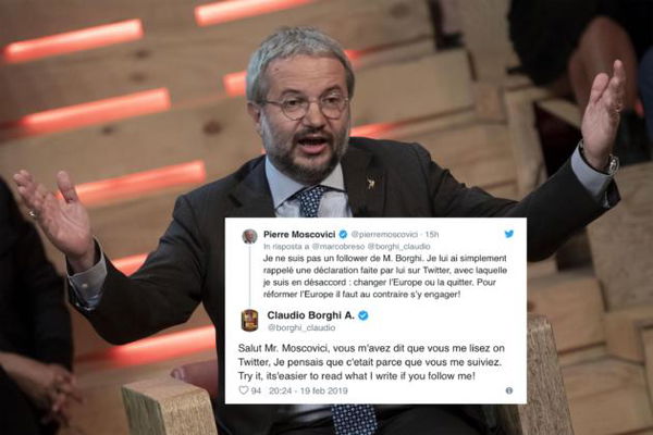 Il leghista Borghi dice che Moscovici lo segue su Twitter, ma il commissario europeo lo smentisce pubblicamente