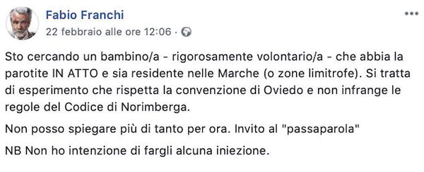 L’esperimento del medico No-Vax Fabio Franchi su un bambino con gli orecchioni