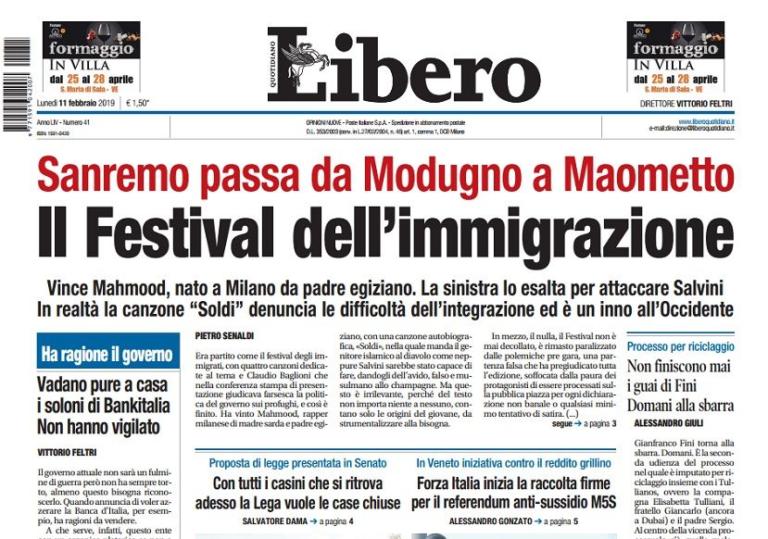 Il titolo di Libero su Sanremo: «Il Festival dell’immigrazione» che «passa a Maometto»