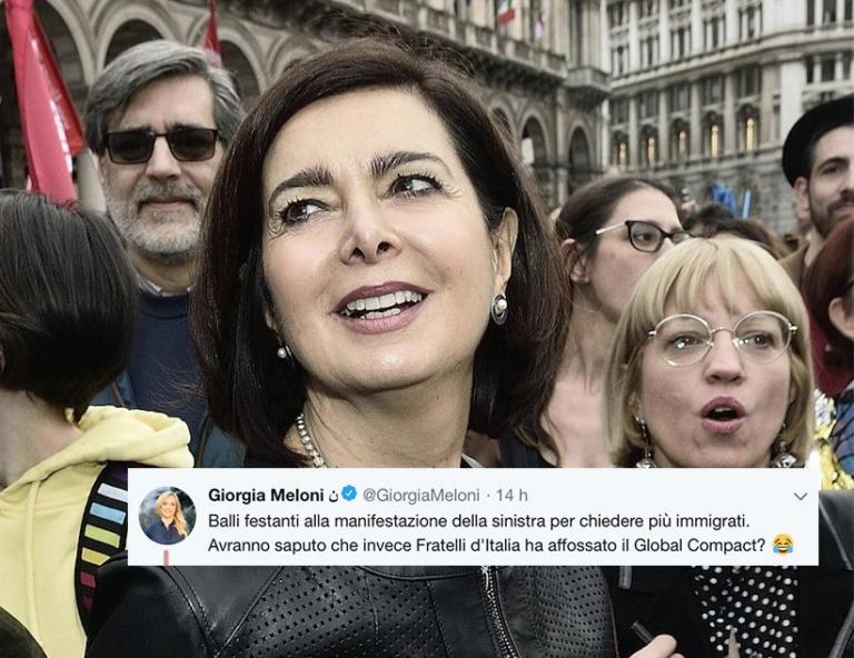 Meloni prende in giro la manifestazione di Milano e Laura Boldrini la blasta