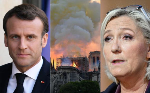 Macron e Le Pen annunciano la tregua elettorale dopo l’incendio di Notre Dame. Stop anche dei gilet gialli
