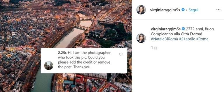 Virginia Raggi e la foto per il Natale di Roma ‘rubata’ su Instagram 