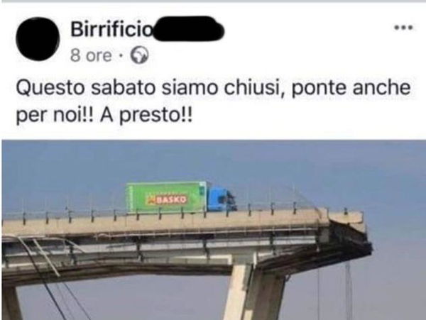 Il birrificio che annuncia il ponte festivo con la foto del Morandi