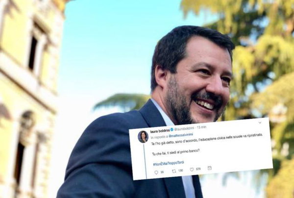Salvini esulta per l’educazione civica nelle scuole, Boldrini: «Bene, ti siedi al primo banco?»