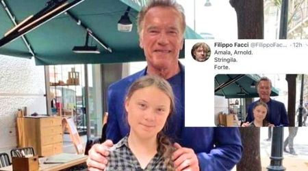 Facci commenta la foto di Schwarzenegger e Greta: «Stringila. Forte» article-post