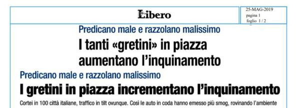 Le capriole di Libero contro i giovani ambientalisti: «I gretini in piazza aumentano l’inquinamento»