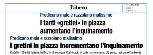 Le capriole di Libero contro i giovani ambientalisti: «I gretini in piazza aumentano l’inquinamento» article-post