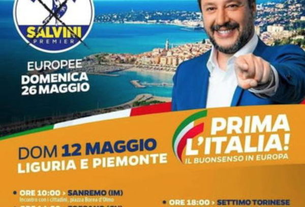 Il manifesto di Salvini con «Prima l’Italia» e con la foto di Mentone