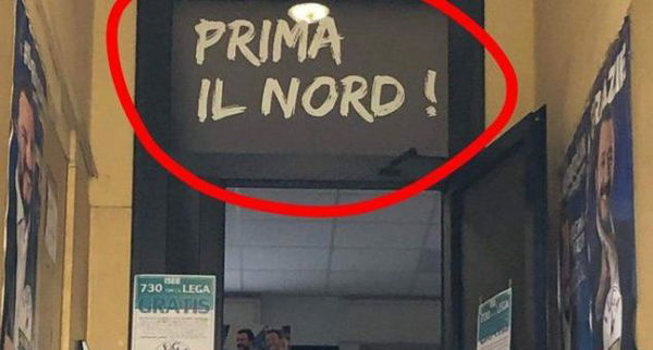 Salvini ha seguito lo spoglio elettorale dalle sede della Lega di Milano dove è scritto «Prima il Nord»