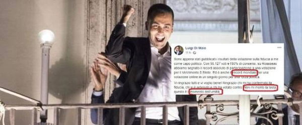 Di Maio esulta per il «record mondiale» di Rousseau, ma dice di «non montarsi la testa»