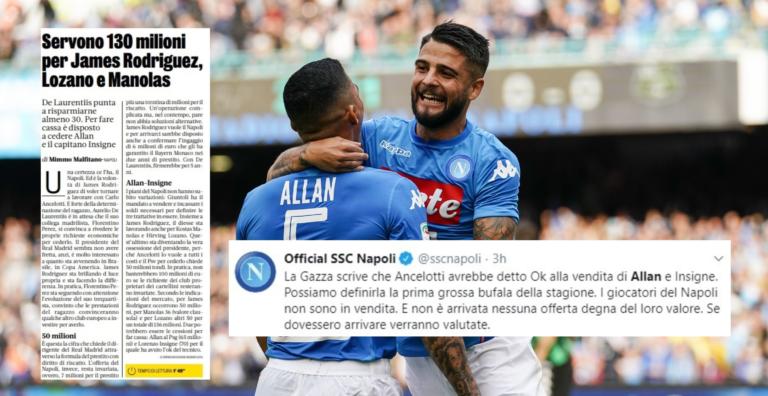 Lo strano tweet del Napoli: smentisce le cessioni di Allan e Insigne mettendoli, però, sul mercato