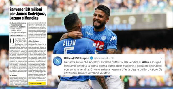 Lo strano tweet del Napoli: smentisce le cessioni di Allan e Insigne mettendoli, però, sul mercato