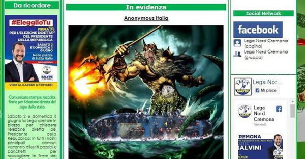 Anonymous ha hackerato il sito della Lega Cremona e Salvini diventa «Nettuno» che affonda le navi
