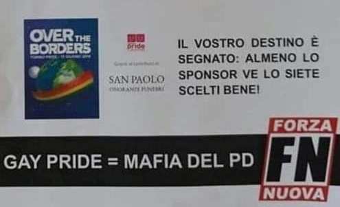 «Gay Pride = Mafia del Pd». I volantini di Forza Nuova contro l’evento di sabato a Torino