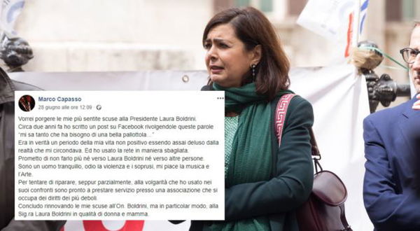 Augurò «una pallottola» a Laura Boldrini. Ora si pente e si dedicherà alle persone in difficoltà