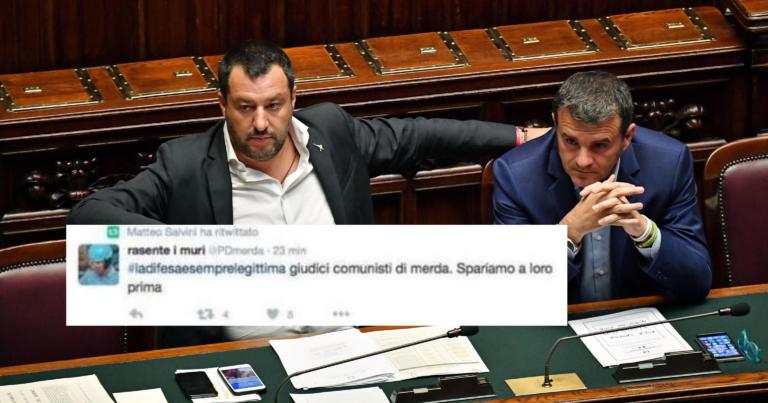 La mezza bufala di Salvini che ritwitta «Giudici comunisti di mer*a, spariamo prima a loro»