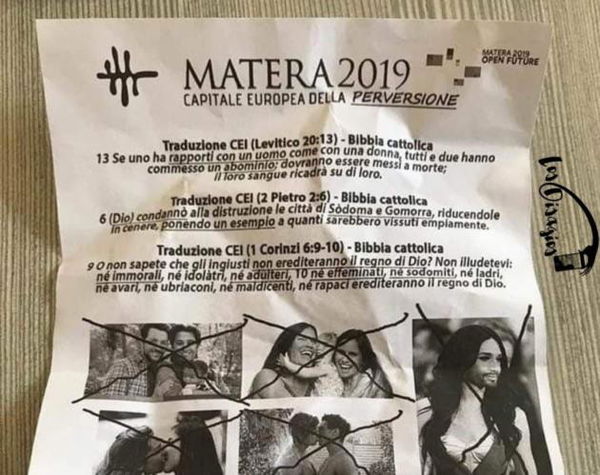 Non vogliono il Pride a Matera e diffondono volantini «Capitale europea della perversione»