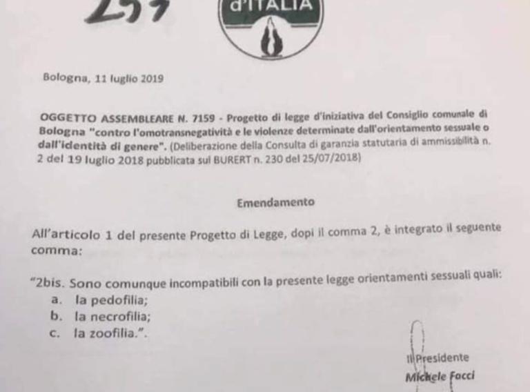 L’emendamento di Fratelli d’Italia che paragona l’omosessualità alla «pedofilia, zoofilia, necrofilia»