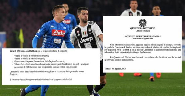 La Juve vieta la trasferta ai tifosi del Napoli nati in Campania, ma la Questura di Torino si dissocia