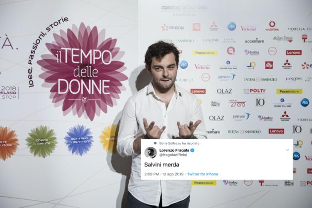 All’improvviso, Lorenzo Fragola. Su Twitter scrive: «Salvini merda» article-post