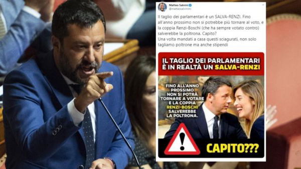 Ieri Salvini diceva che «il taglio dei parlamentari è un Salva-Renzi»