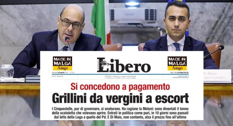 Il titolo choc di Libero: «Grillini da vergini a escort»