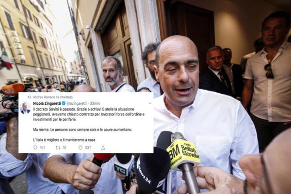 Zingaretti sul decreto sicurezza bis: «Passato grazie a schiavi 5 Stelle»