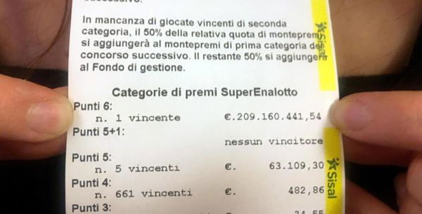 Il vincitore dei 209 milioni al Superenalotto non ha ancora ritirato il suo permio