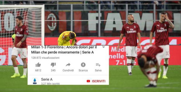 Il canale Youtube della Serie A scrive che il Milan «perde miseramente»