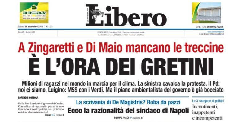 «È l’ora dei Gretini»: Libero (ancora) contro Greta Thunberg e le manifestazioni per il clima