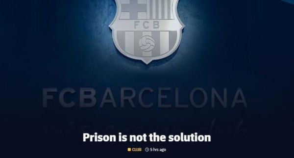 Il Barcellona contro le condanne agli indipendentisti catalani: «La prigione non è la soluzione»