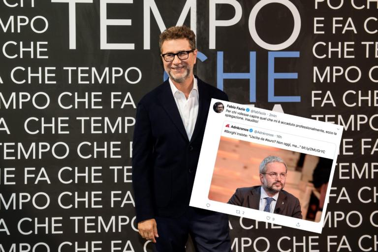 Fabio Fazio sconsolato con Borghi che paragona la sua mancata uscita dalla Rai a quella dell’Italia dall’euro