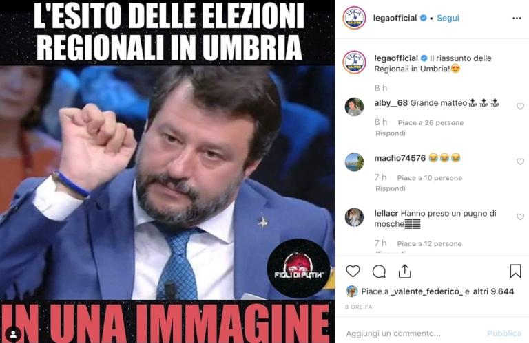 Lo stile dell’account ufficiale della Lega, che esulta così per le elezioni in Umbria