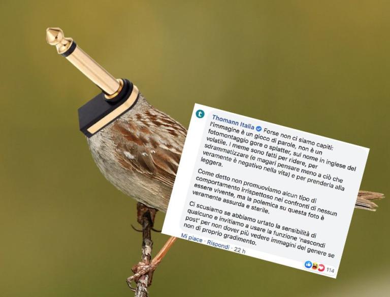Il fotomontaggio scherzoso di Thomann Italia che su Facebook viene attaccato come se fosse una foto vera