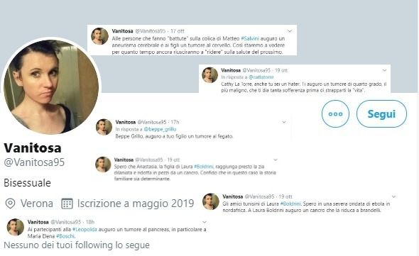 Vanitosa 95, il troll (ora leghista e un mese fa anti-Salvini) che su Twitter augura tumori agli avversari